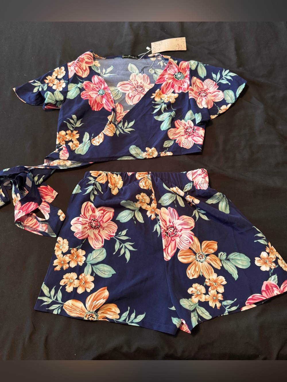 Navy Floral Two-Piece Wrap Crop Top & Shorts Set
